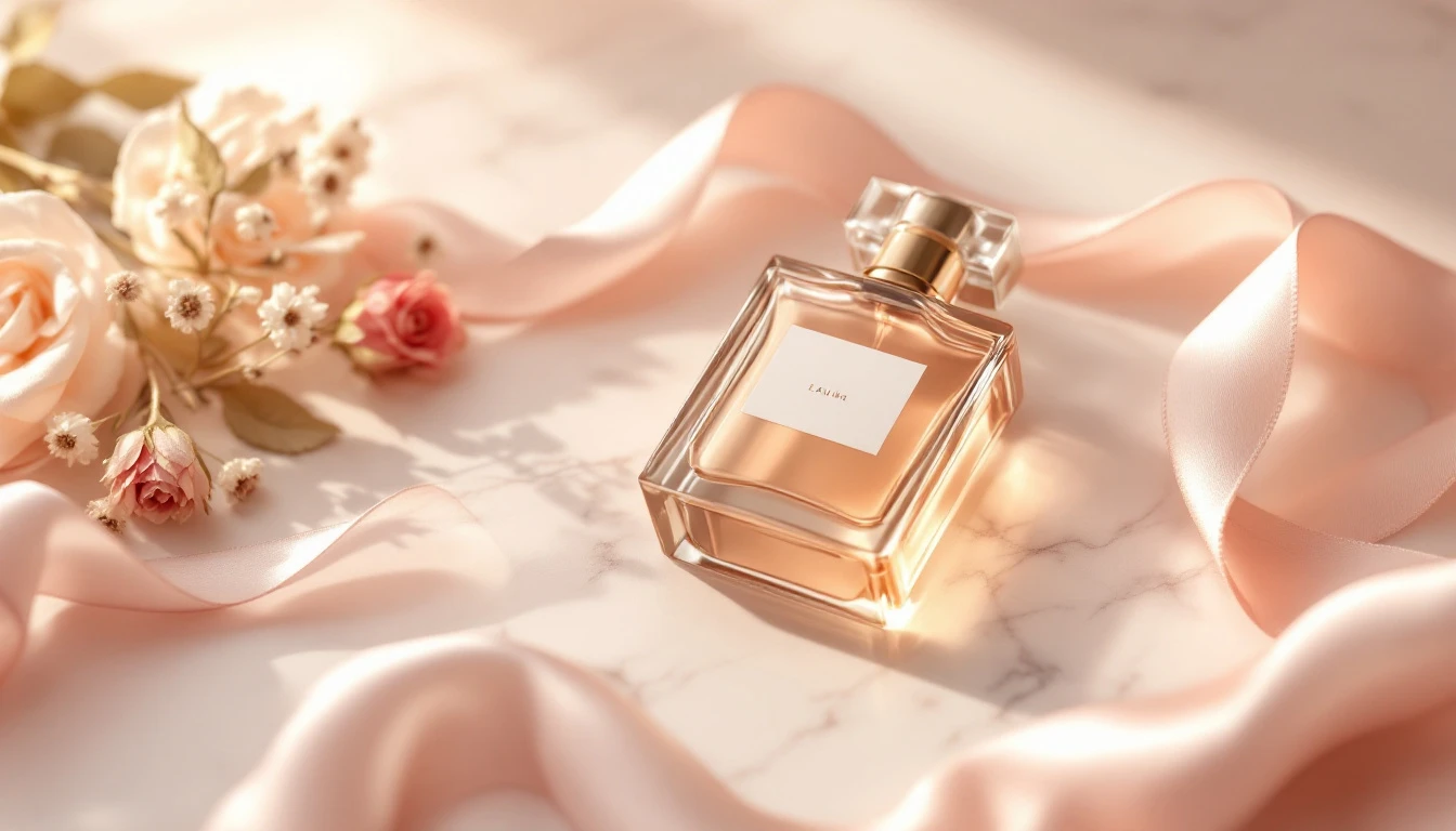 A soft-lit perfume still life: an eau de parfum bottle on a marble vanity with dried florals and morning light